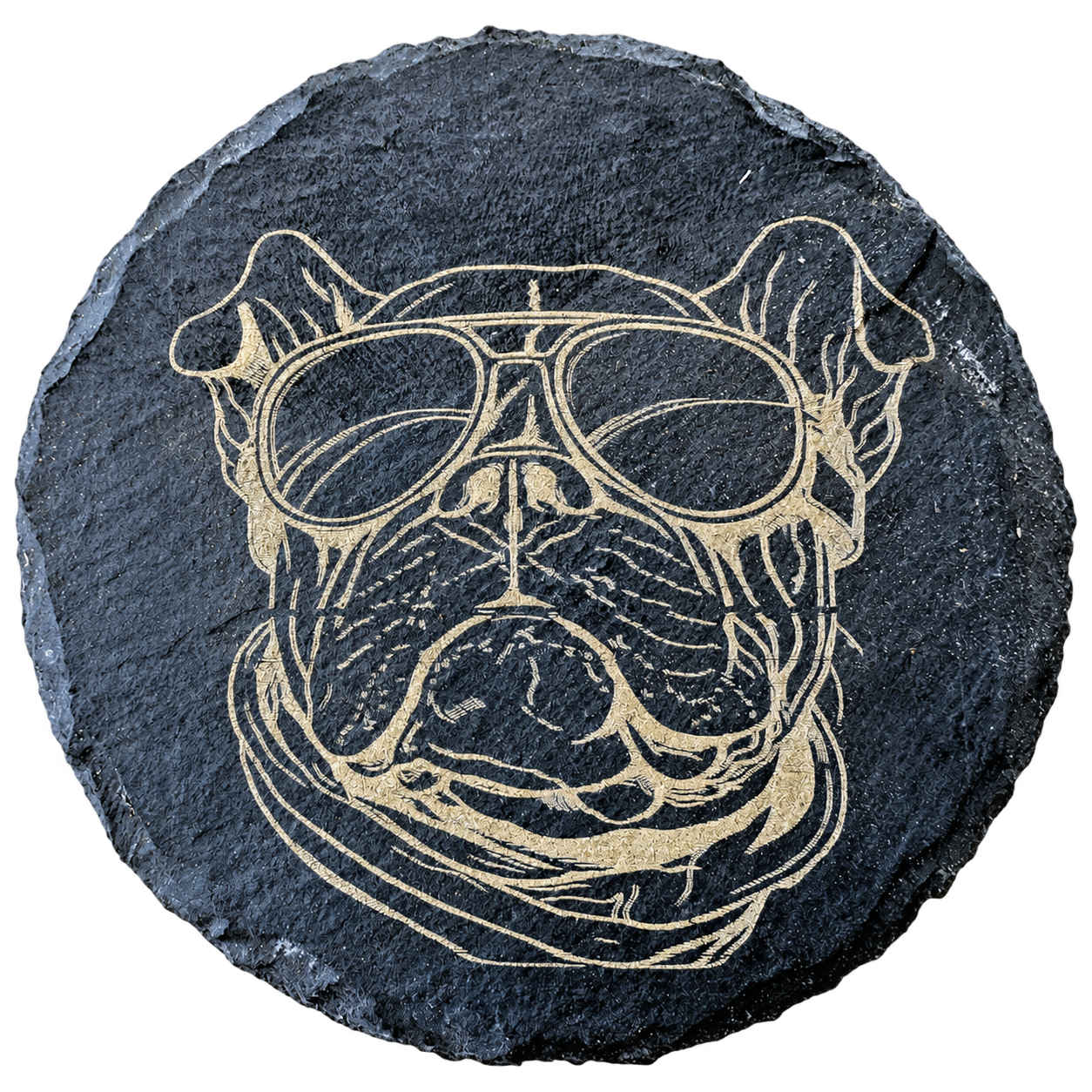 A bulldog wearing sunglasses engraved on round slate