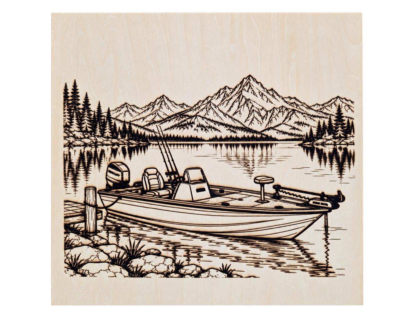 Fishing boat, lake and mountain scene engraved on a wooden picture panel