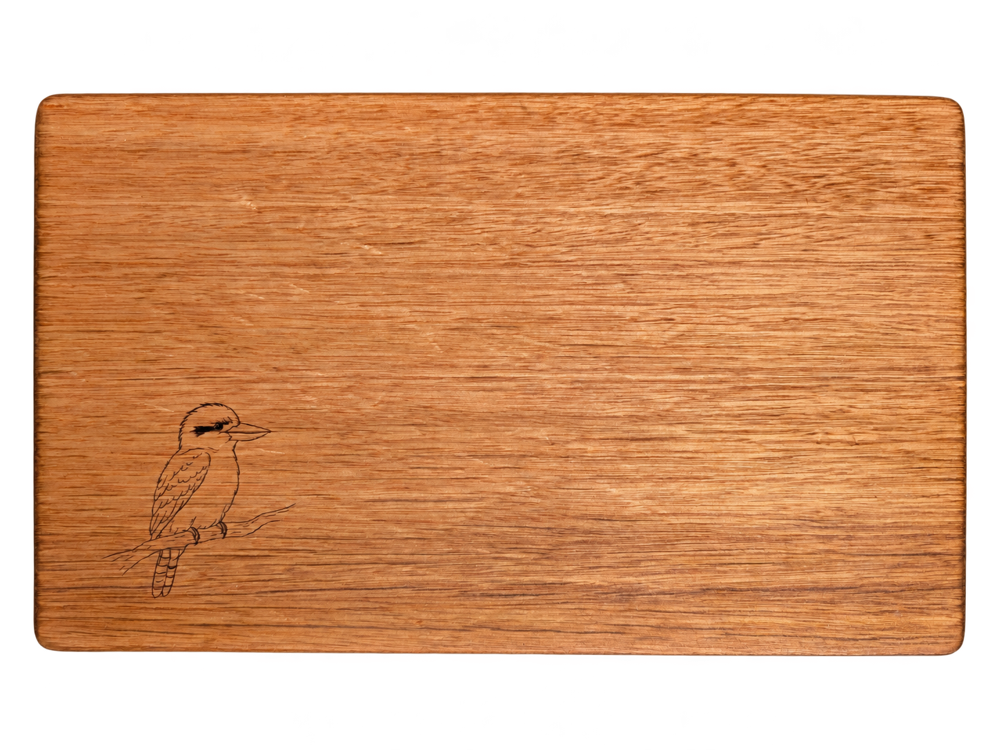 Wooden chopping board with a small kookaburra engraving in the lower left corner